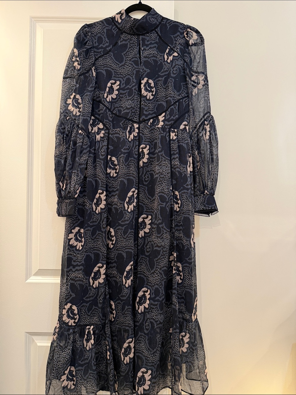 Ted Baker London Navy Floral Long-Sleeve Midi Dress with Blush Accents